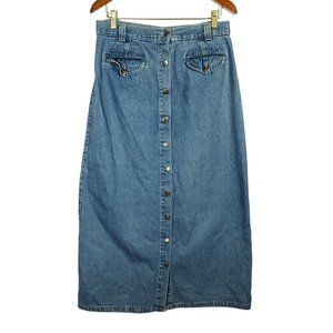 VTG 90s Denim Midi Skirt Sz 14 Jeans Button-Front Flap Pockets Modest Hippie